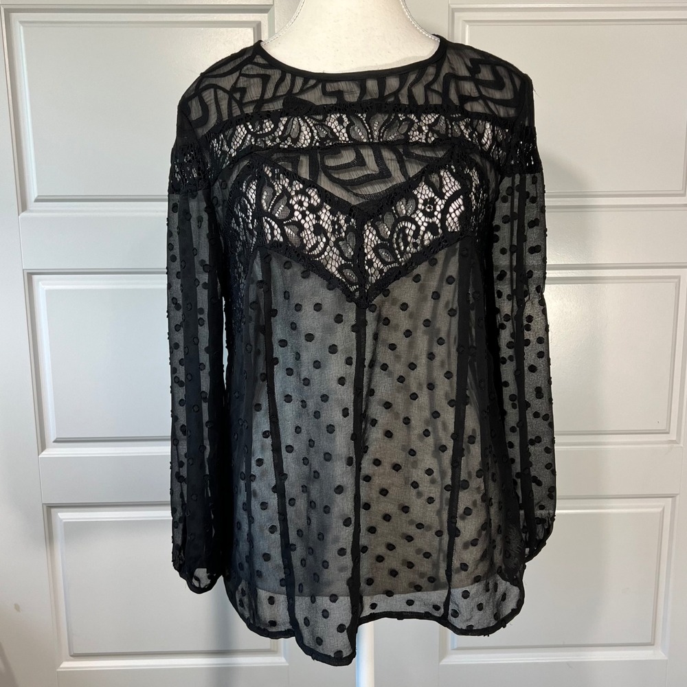 Anthropologie HD In Paris Blouse‎ Black Polka Dot Lace Sheer Top Size 6
